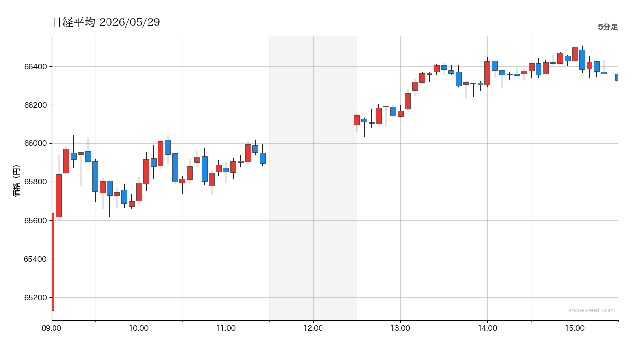 2026年5月29日の日経平均株価チャート（5分足） 終値66,330円
