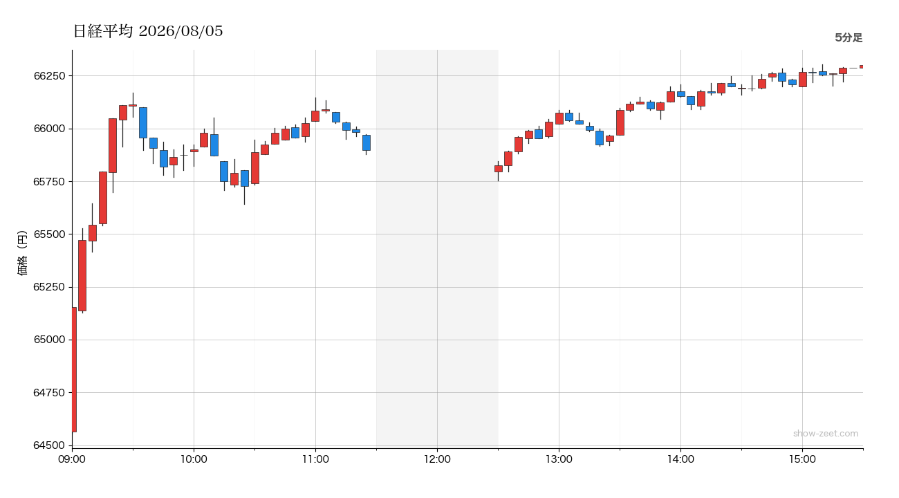 2026年8月5日の日経平均株価チャート（5分足） 終値66,300円