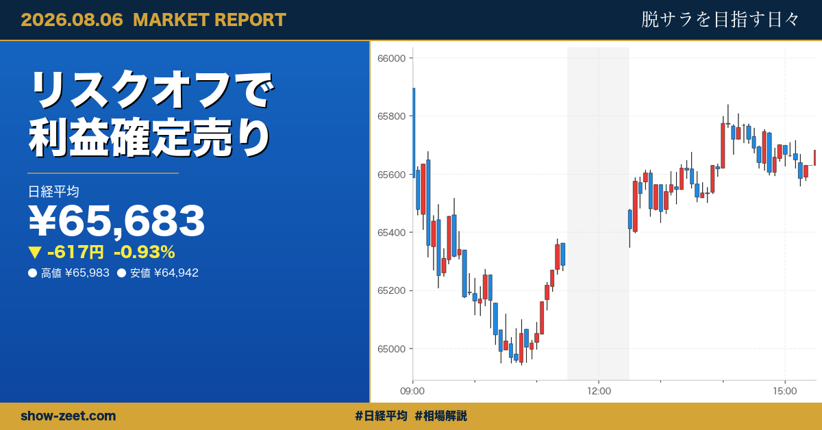 日経平均617円安で反落、6万5千円台で半導体株安が重しに 2026-08-06